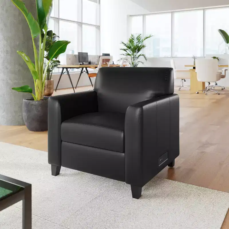 Flash Furniture Agent Black LeatherSoft Reception Chair with Right Side Charging Bank, Includes 2 Outlets, 2USB Ports, 1 USB-C Port, Solid Wood Legs