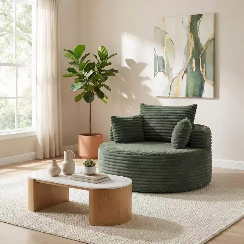 FurnitureR Round Lounge Chair, Corduroy Upholstered Accent Chair with Deep Seat, Modern Comfy Single Sofa for Living Room Bedroom Apartment