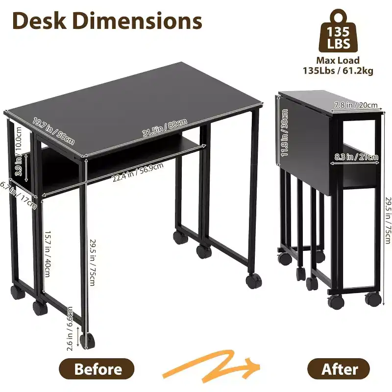 Folding Desk Small Rolling Desk with Storage Shelf,31.5 Inch Foldable Computer Table with Wheels,Portable Office Desk for Small Space Sofa Table