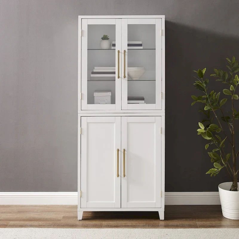 Pantry Storage Cabinet with Tempered Glass Door Hutch, White, Adjustable Shelves