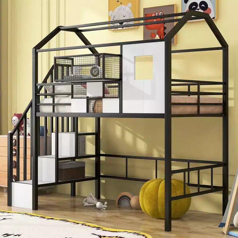 Twin Size House Bed Metal Loft Bed with Storage Box on Roof Design, Storage Staircase Loft Bed Frame with Under Bed Space