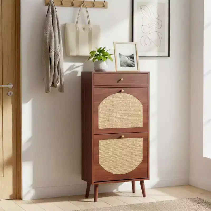 Rattan Panel 1 Drawer 2 Flip-Drawer Shoe Cabinet Particleboard 21.26 W