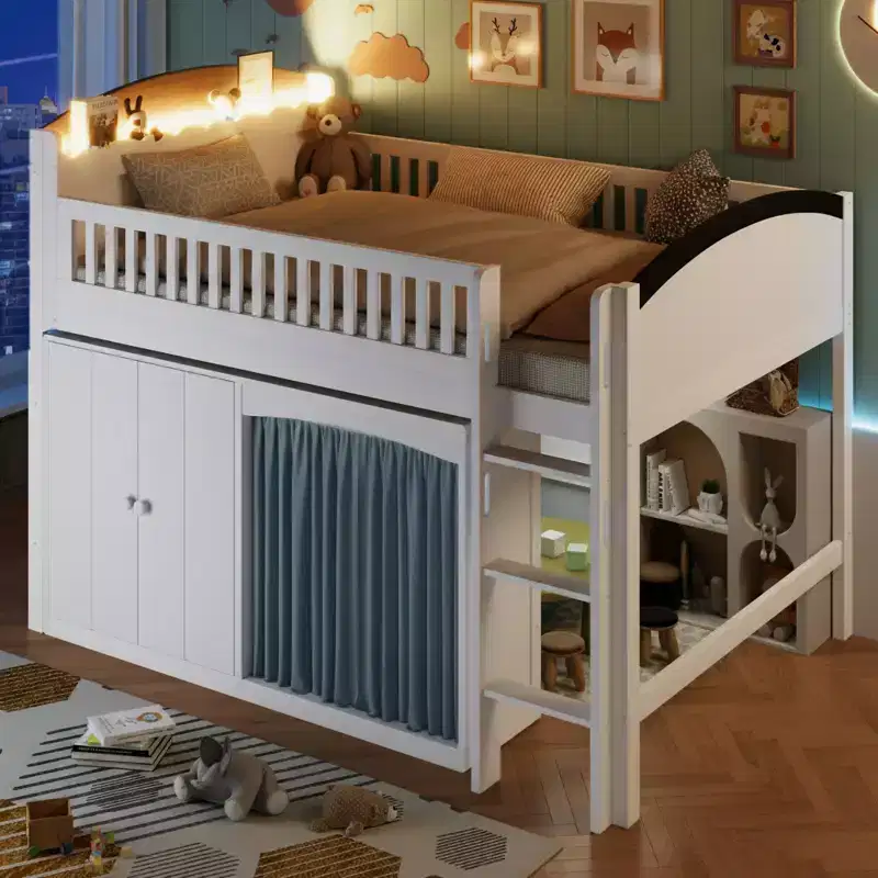 Full/Twin Loft Bed with LED Headboard, Wardrobe & Double-Door Storage Cabinet