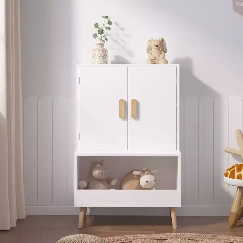 Kids Toy Storage Cabinet with Doors and Open Shelf, White Modern Wooden Organizer with Natural Wood Legs, Toddler Bookshelf for Playroom
