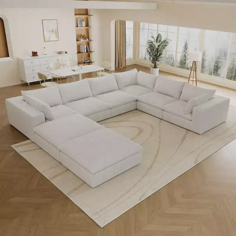 157.6 White Corduroy Fabric DIY Combination U Shape Cloud Sofa Deep Seat Couches with 2 Ottomans Double-layer design Removable Cushion No Assembly