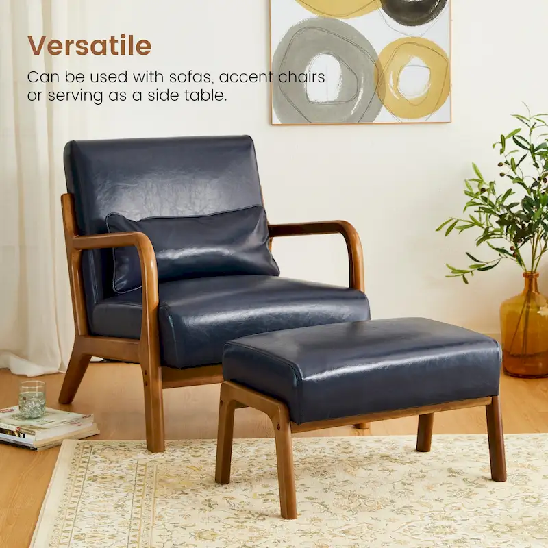 Glitzhome 30.75H Mid-Century Modern PU Leather Armchair Accent Chair with Pillow - 25.75W x 33.75D x 30.75H