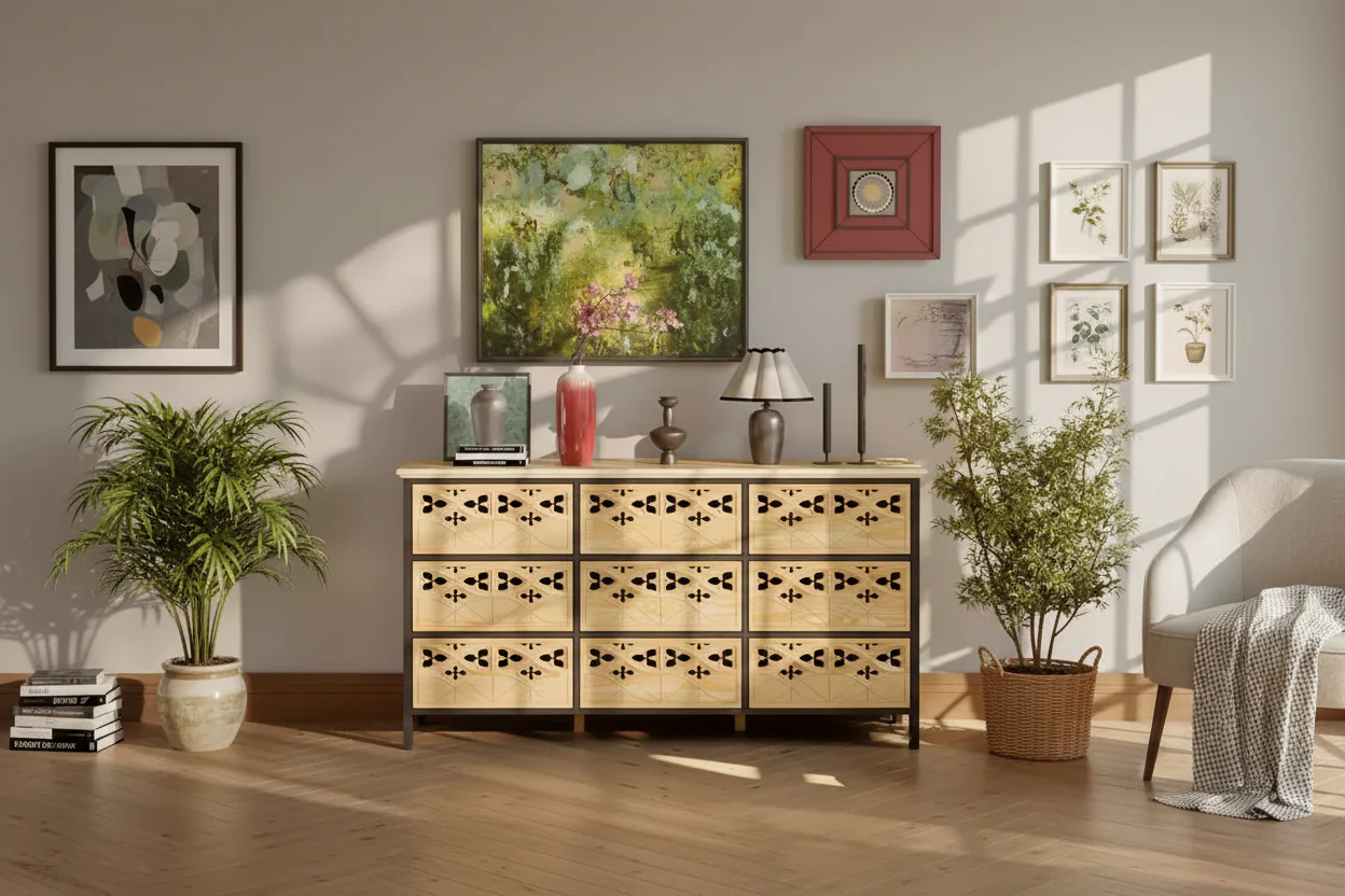 9-Drawer Chest,Dresser with Hollow Relief,Multi-Use Sideboard Buffet Table,Kitchen Pantry Cabinet,Bedroom/Dining/Living Room Art Piece