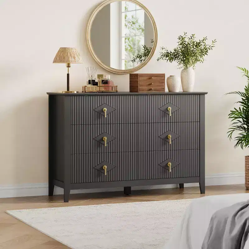 Fluted 6 Drawers Dresser for Bedroom, 54 Wide Modern Chest of Drawers with Metal Handle, Wooden Dresser Organizer