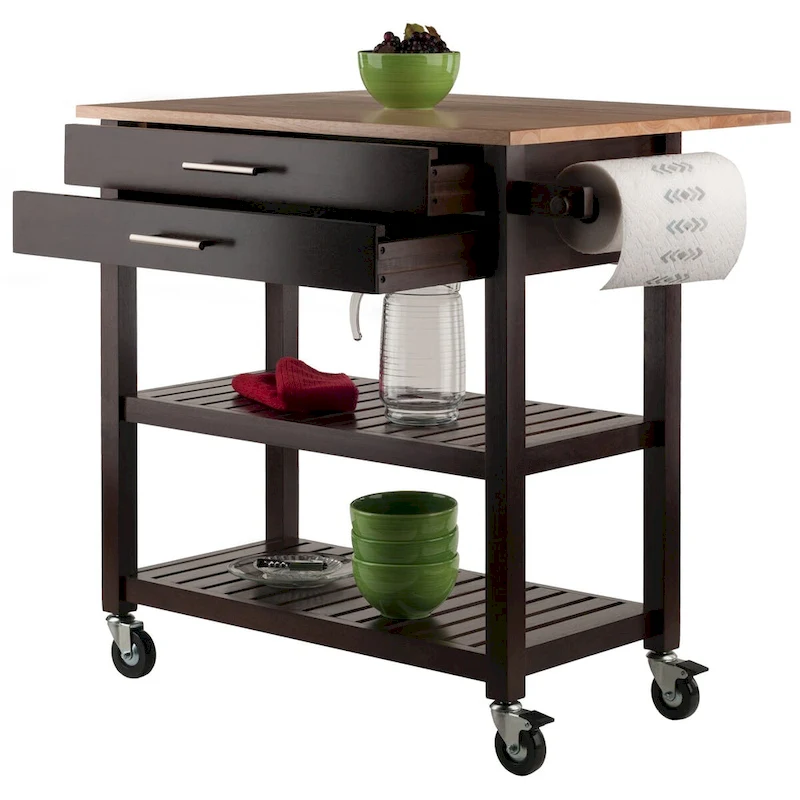 Langdon Kitchen Cart, Drop Leaf, Cappuccino and Natural - 36.57 x 26.42 x 34.45 inches
