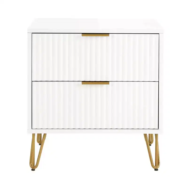 2 Drawer Nightstand White: Modern MDF Bedside Table with Metal Glides, Storage