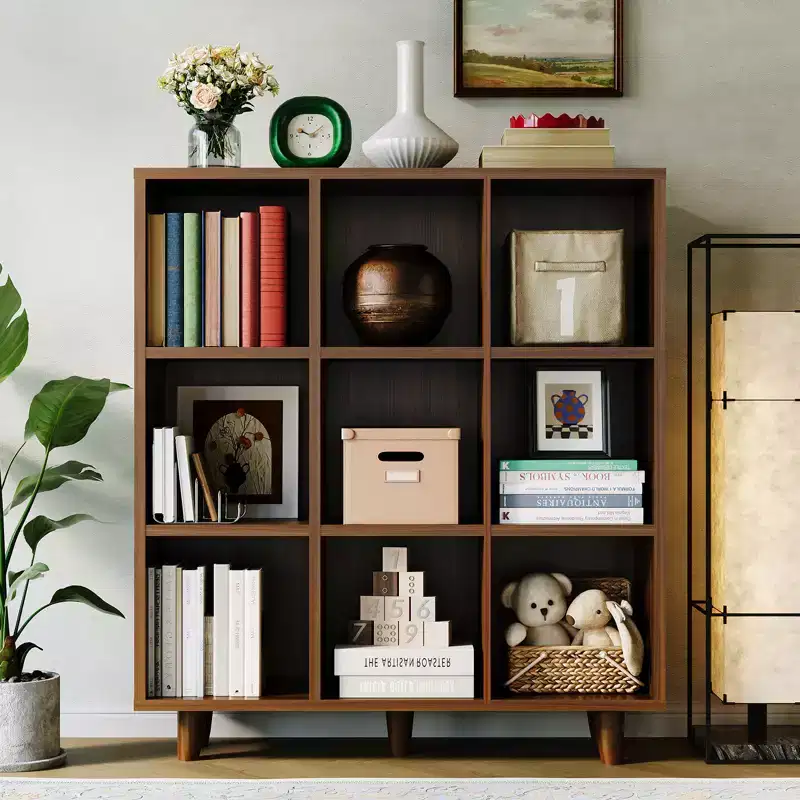 Modern 9-Cube Bookcase Organizer, Open Wood Bookshelf, Freestanding Storage Display Shelf, Space-Saving Design, for Home, Living Room, Bedroom