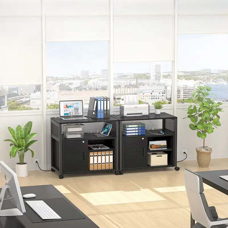 Rolling File Cabinet Lateral Office Filing Cabinets with Charging Station,Modern Printer Stand on Wheels