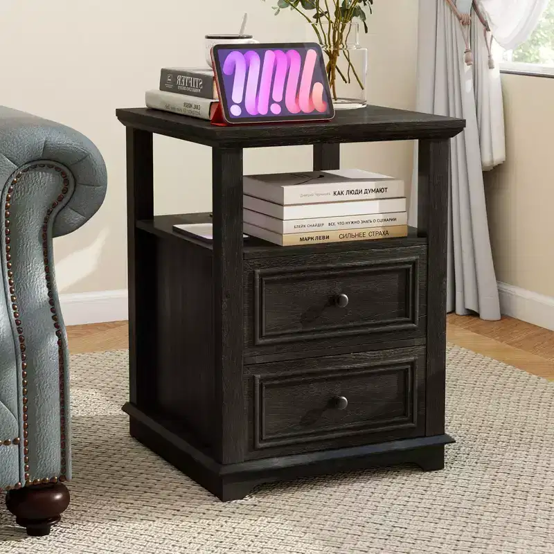 Farmhouse Nightstand 18 Blue End Table 1-piece with Charging Station 2 Drawers Storage Open Shelf, for Bedroom, Living Room, White