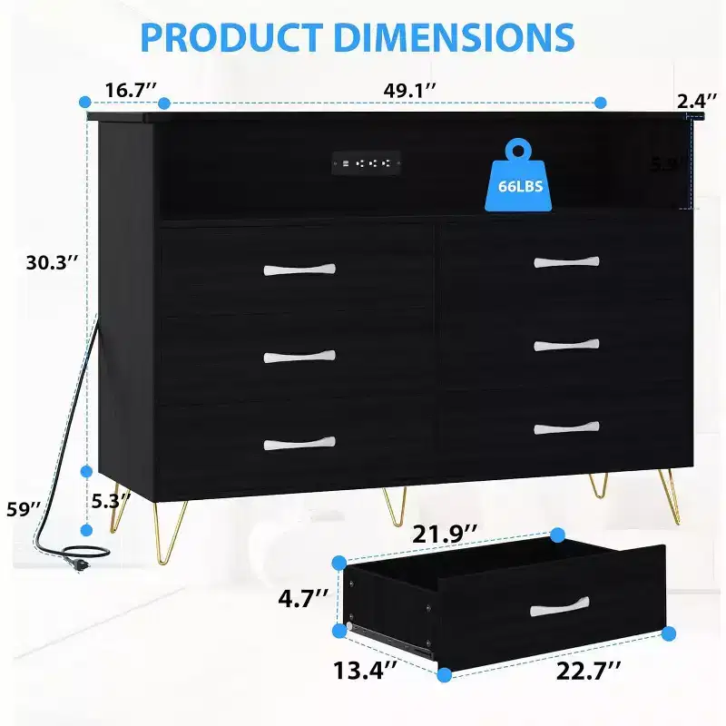 Zstar 6 Drawers Dresser with LED Light & Charging Station for Bedroom, Entryway, Hallway