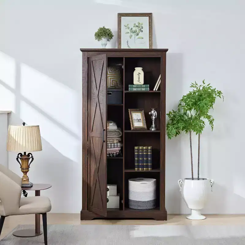 Free Standing Storage Cabinet for Dining Room, Buffet Cabinet with Barn Doors, Open and Hidden Shelves, Quality Hardware, Wine Bar Cabinet