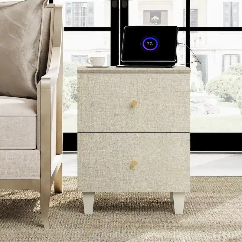 End Table with Charging Station & 2 Drawers, Modern Living Room Side Table