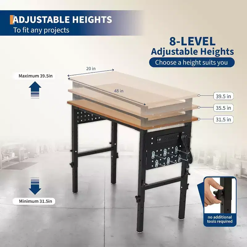48 Heavy-Duty Hardwood Workbench with Power Outlets, 2200 lbs Capacity, Adjustable Height for Workshop, Garage & Commercial Use.