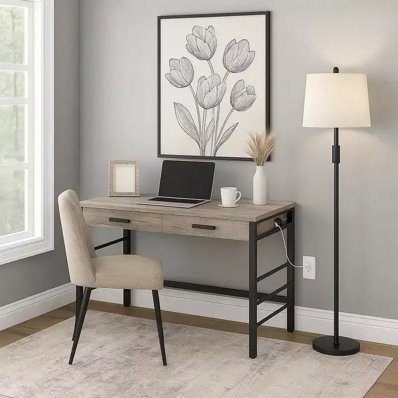 Royal Hampton Built-in USB Port Writing Desk, Light Weathered Oak and Black