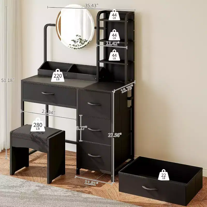 Small Vanity Desk with Lighted Round Mirror and Power Outlet, Modern Makeup Vanity Table with 4 Fabric Drawers and 3 Shelves, for Bedroom