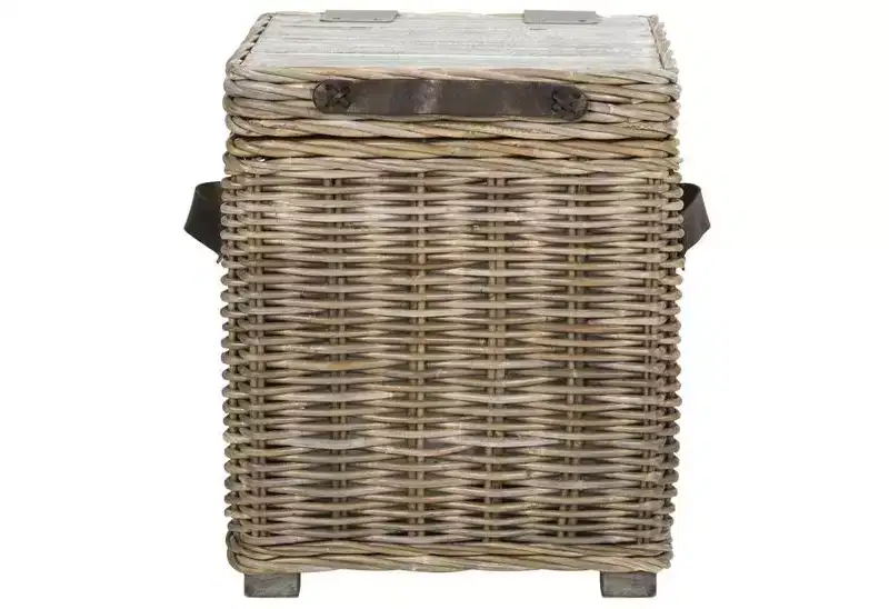 Square Rattan Storage Trunk, White Wash Finish