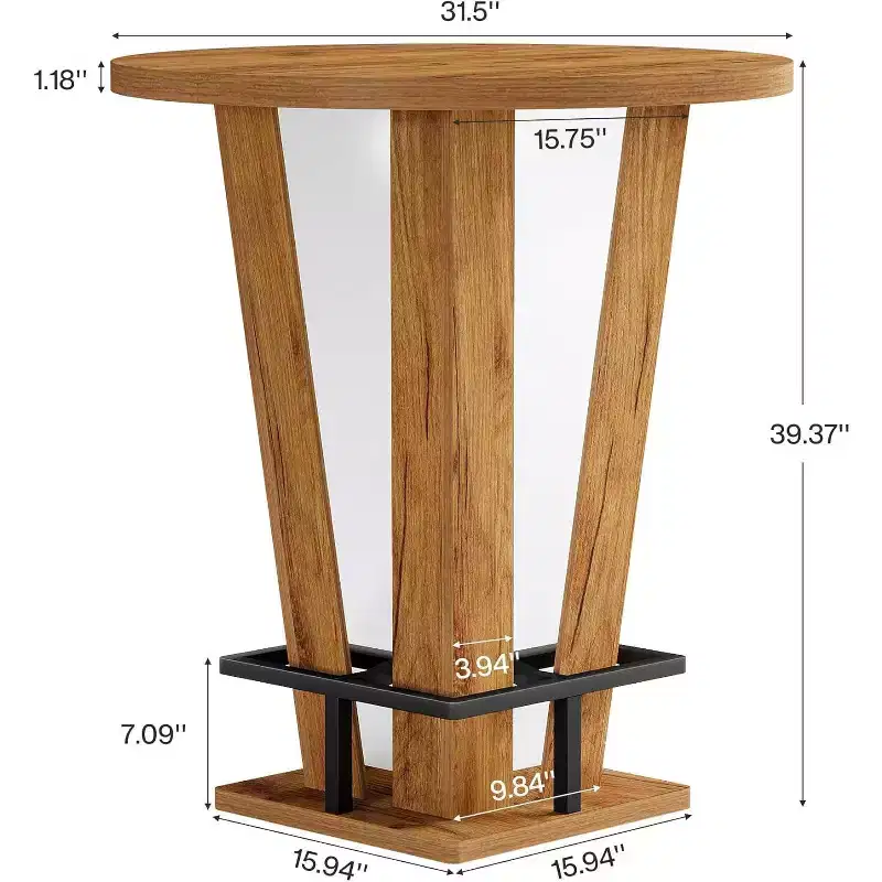 Lantine Round Bar Table, 39.4 H High Top Cocktail Bistro Pub Table with Metal Footrest for Living Room, Small Space (Only Table) (Brown)
