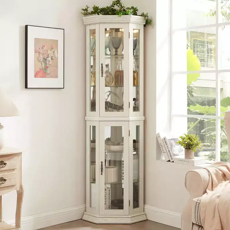 Living Room Corner Cabinet MDF+Tempered Glass, Adjustable Shelves, Space-Saving