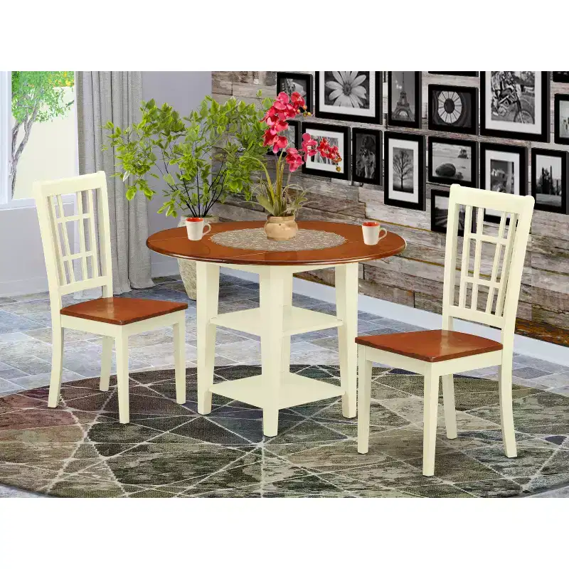 HomeStock 3-Piece Buttermilk and Cherry Finish Round Solid Wood Top Dining Table Set