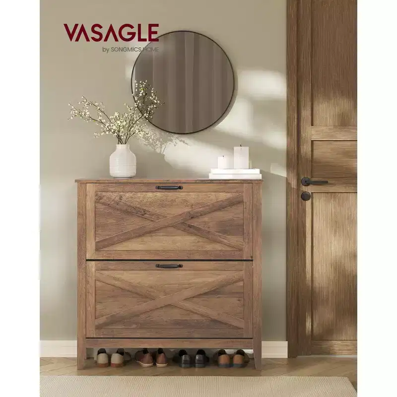VASAGLE LIRY Collection - Shoe Storage Cabinet Organizer with 2 Flip Drawers, Freestanding Narrow Shoe Rack Cabinet, Fits 12 to 16 Pairs, Honey Brown