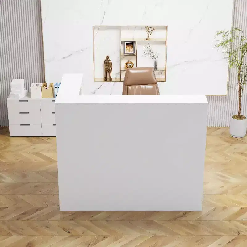 Modern L-Shaped Reception Desk with Removable Shelves Lockable Storage Welcome Desk Cable Management