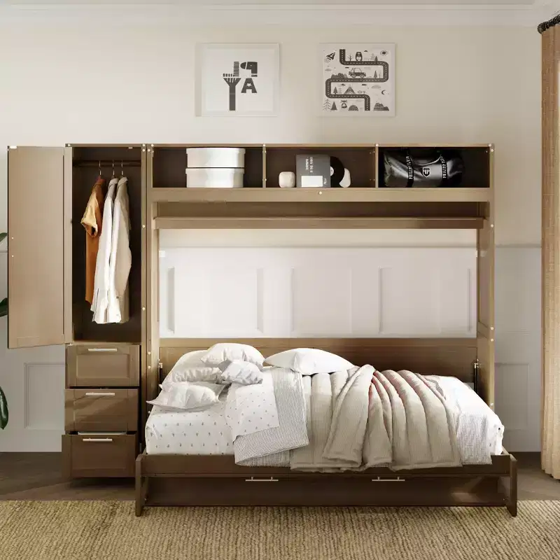 Full Size Wall Murphy Bed with Wardrobe and Storage Shelf Foldable Wall Platform Bed Frame for Bedroom Guest Room, Wood