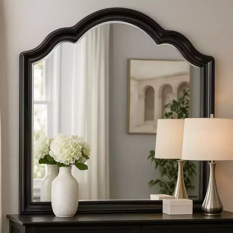 Royal Hampton Dresser Mirror, Beveled Glass, Black Solid Wood Frame, 41x42