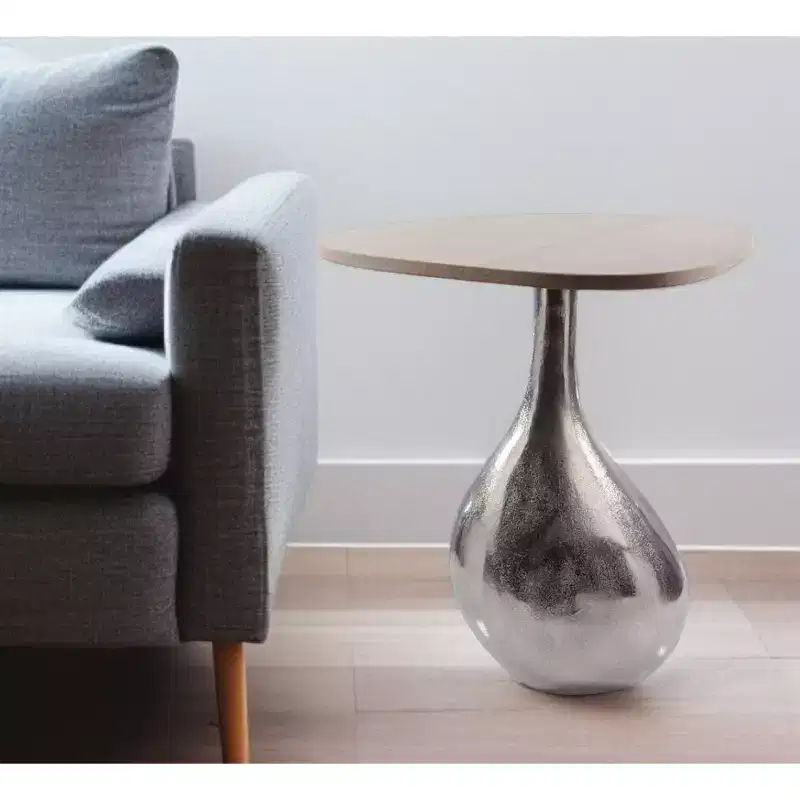 22 Silver And Beige Cast Aluminum And Marble Pedestal End Table