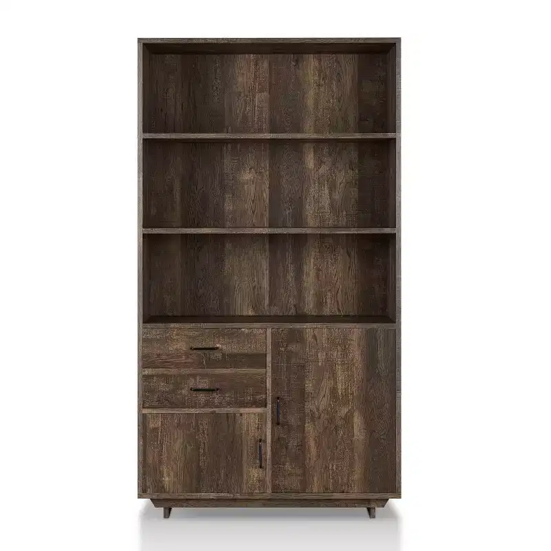 HOMES: Inside + Out 69.8" Tappan Bookcase with Cabinet Reclaimed Oak: Farmhouse Style, 5 Shelves, 2 Drawers