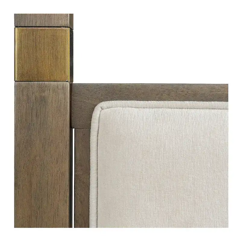 Queen Canopy Bed Frame, Solid Wood, Upholstered Headboard, Gold Metal Cuffs, Slat Foundation, 86.75W x 63.25D x 80H in