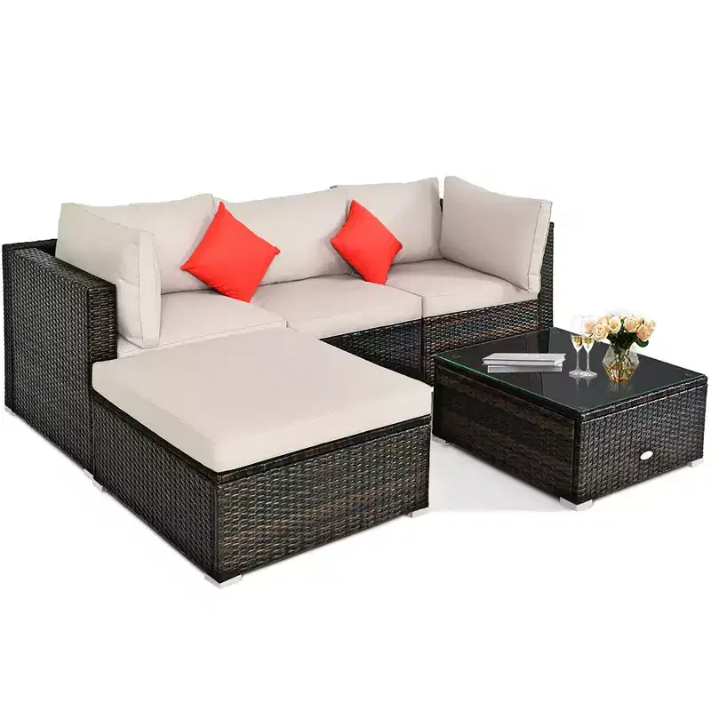 Costway 5PCS Patio Rattan Furniture Set Sectional Conversation W/Beige Cushion