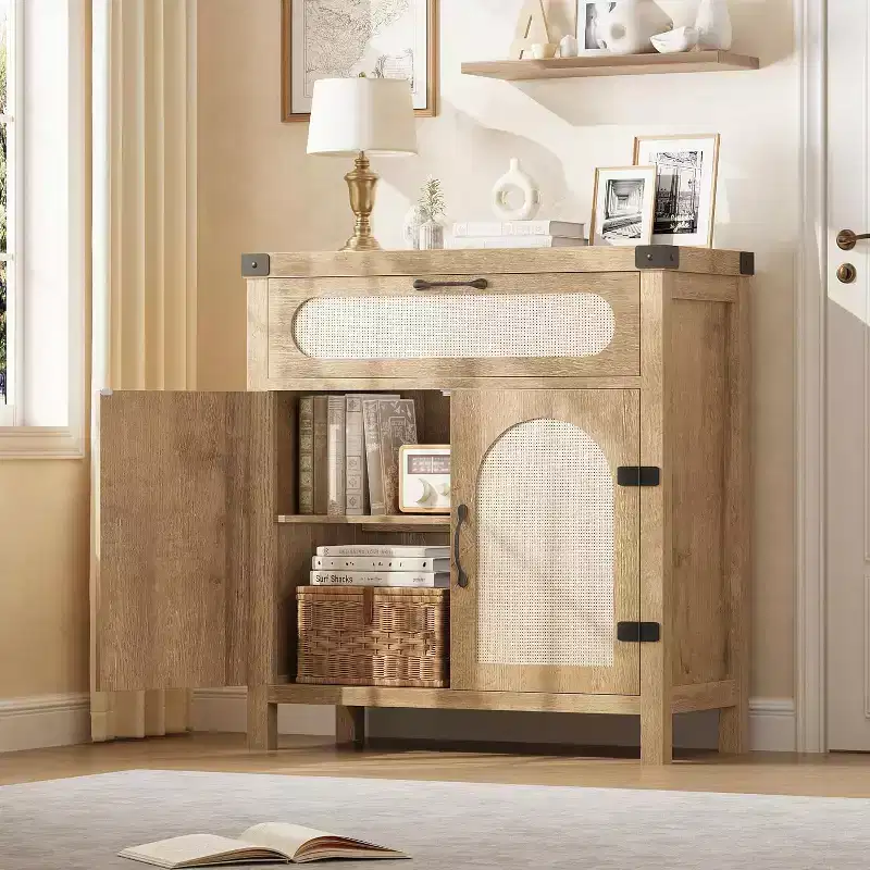 Rattan Sideboard Buffet Cabinets with Storage, MDF Sideboard, Wooden Sideboard, Boho Wooden Coffee Bar Cabinet for Dining Room, Living Room, Natural