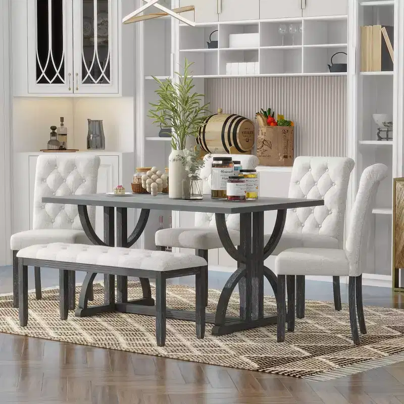 6 PCS Retro Dining Table Set, Rectangular Table with Unique Legs and Upholstered Chairs-ModernLuxe