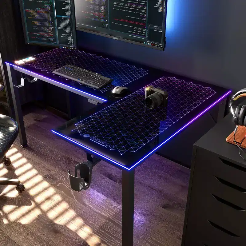 GTG-L60, 60x23 L Shaped Glass Desktop Gaming Desk,Black,48.54 D x 60'' W x 30 H