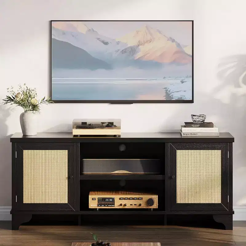 TV Stand for TVs Up to 70, Rattan Entertainment Center with 2 Cabinets & Open Shelf, Boho Media Console Table for Living Room, Apartment