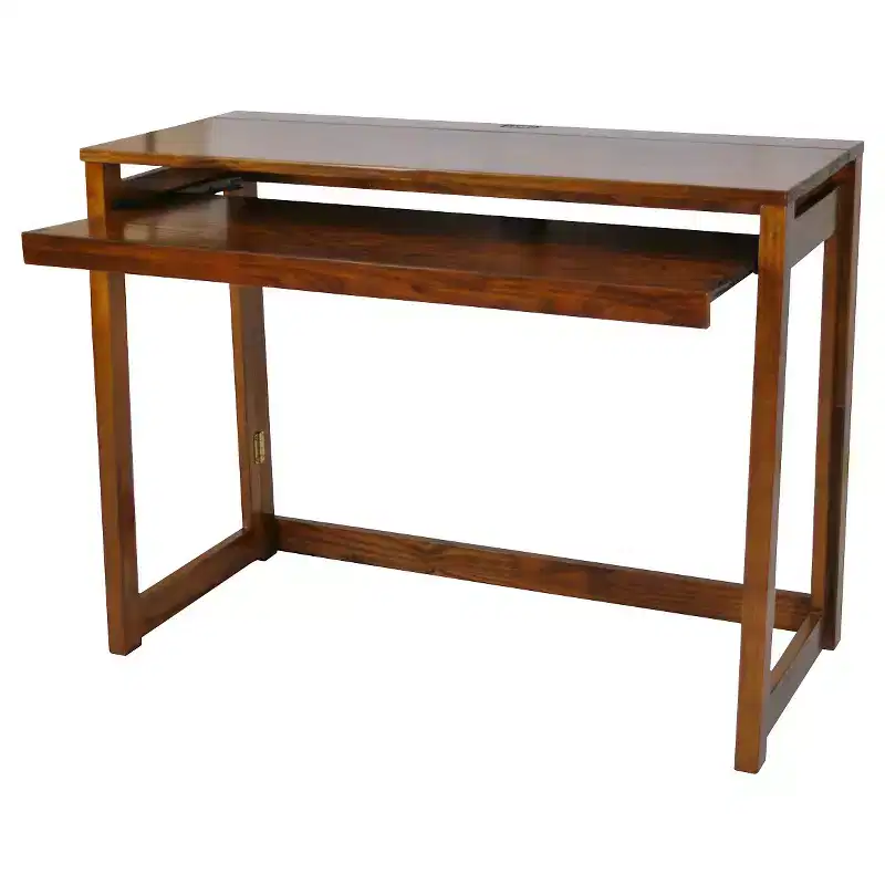 Folding Computer Desk with 4-Port USB Charging Station, Pull-Out Keyboard Tray, Solid Wood, Walnut