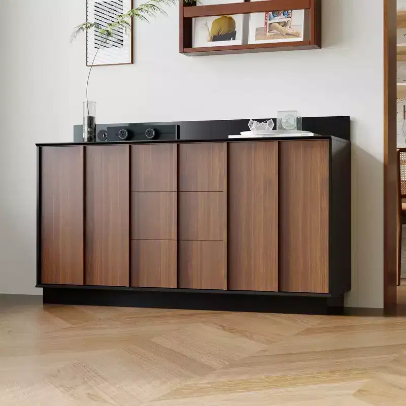 Multifunctional Storage Cabinet TV Stand with Sliding Outlets Black Gloss & Wood Finish Entertainment Center