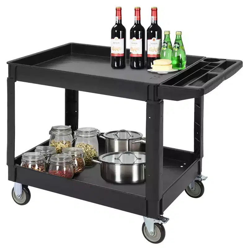 2 Tier Utility Service Cart, 500lbs Capacity Heavy Duty Plastic Utility Cart with 360 Rotating Wheels, Storage Handle, for Garage, Warehouse, Office