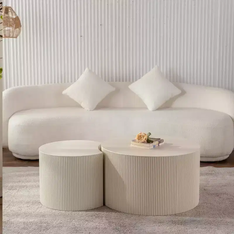Round Wood Coffee Table with Handcrafted Relief Design for Small Spaces, No Assembly Required