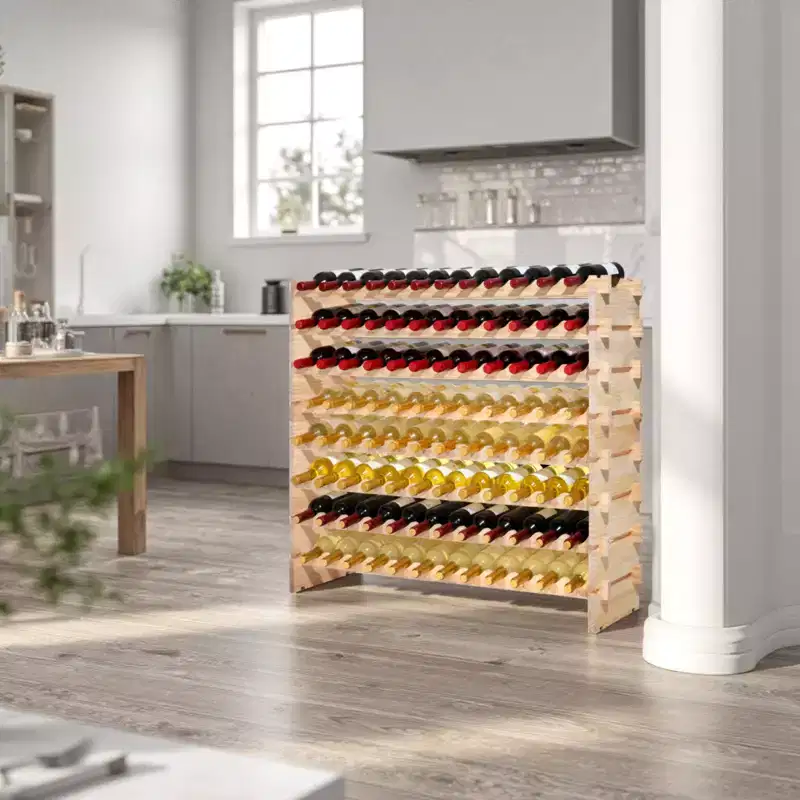 VEVOR 96 Bottle Stackable Modular Wine Rack, 8-Tier Wine Bottle Holder,Solid Wood Floor Freestanding Wine Storage Rack, Natural Wood Color