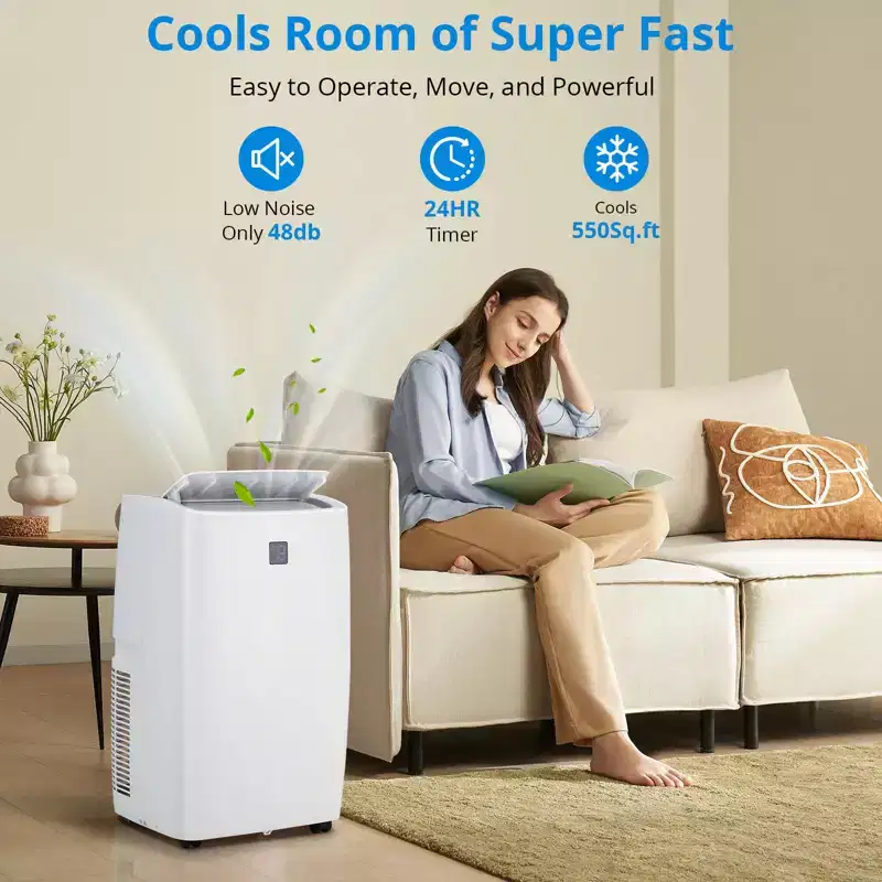 12000 BTU Portable Air Conditioner, 3-In-1 Cooling, Dehumidifier Fan for Rooms Up to 450 Sq. Ft. Digital Display, Remote Control, and Smart Sleep Mode