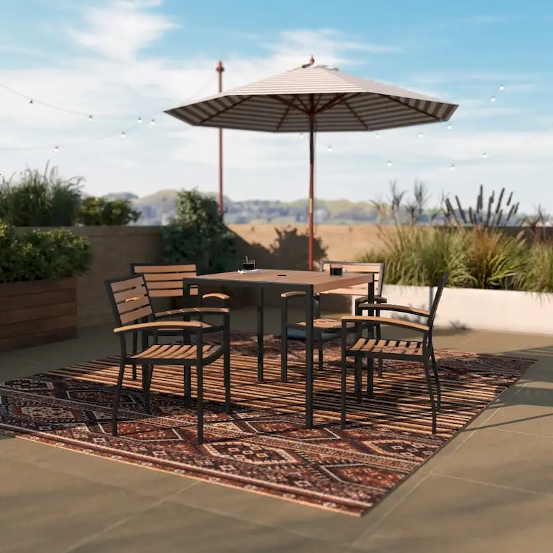 Black Steel Framed 36 Square Faux Teak Table with Umbrella Hole & 4 Club Chairs