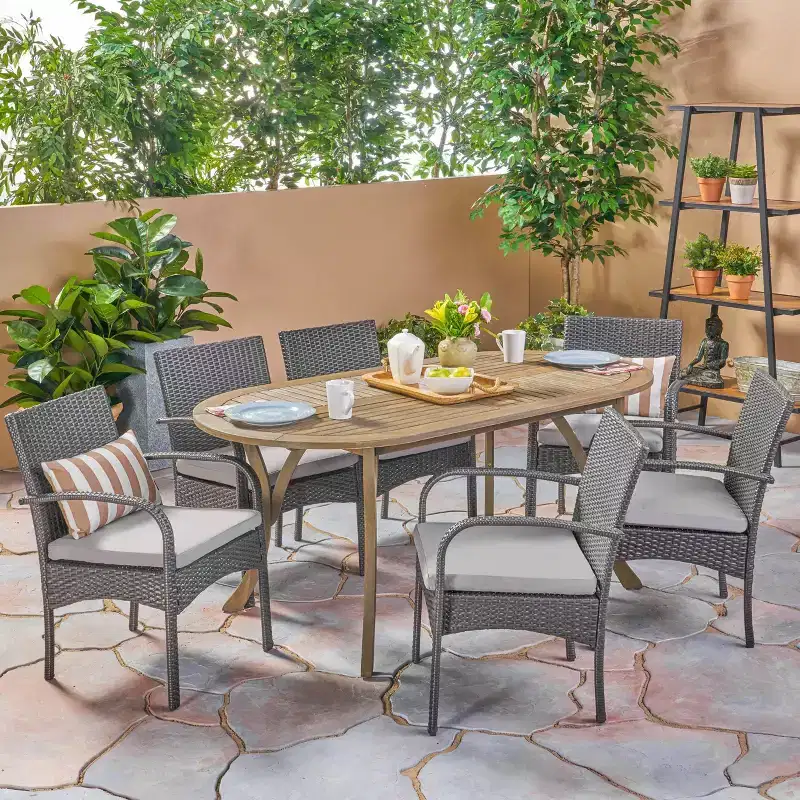 Christopher Knight Home Mason Outdoor Acacia Wood and Wicker 7 Piece Dining Set with Cushions