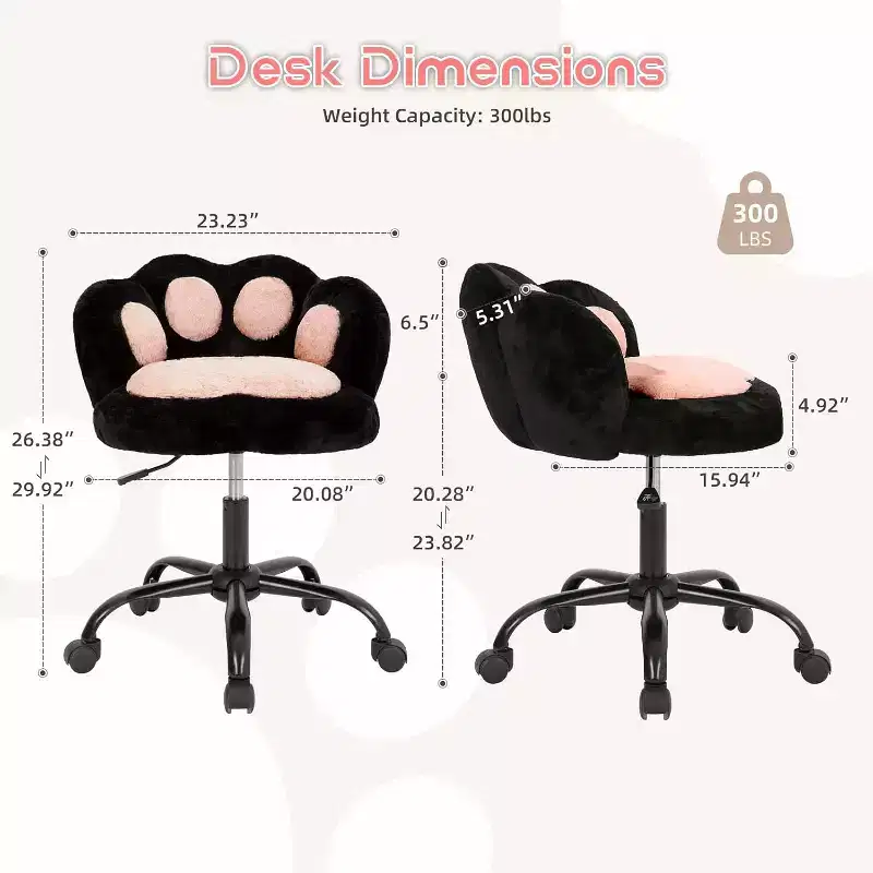 Vanity Chair with Cat Paw Back, Armless Desk Chair with Wheels, 360 Rotating Computer Chair, Adjustable Height for Home Office