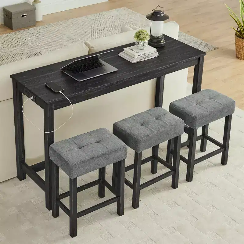 Okak 4-Piece Farmhouse Style Dining Table Set & Bar Stools for Kitchen,Dining Room,Solid Wood Breakfast Table Set with Power Outlet