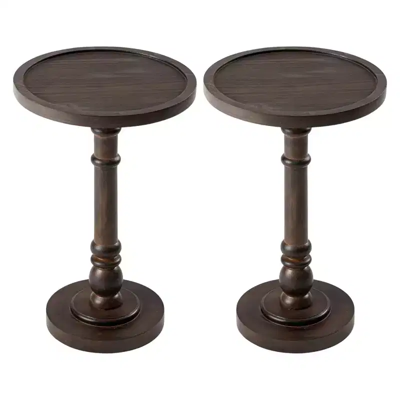 Dark Brown Round Pedestal End Table, Solid Wood, Set of 2